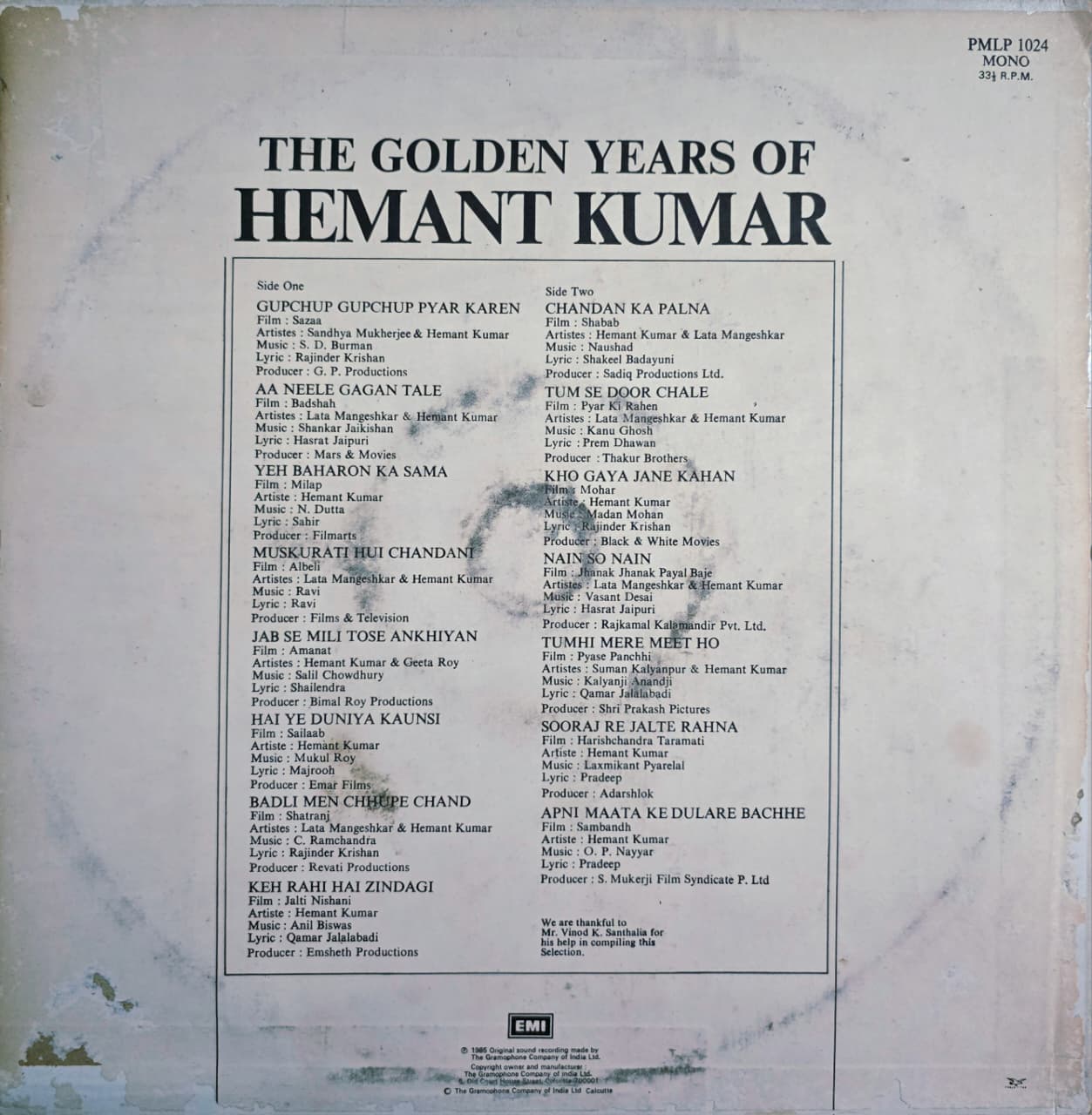 THE GOLDEN YEARS OF HEMANT KUMAR - LP RECORD ( HMV / MINT ) PMLP 1024 - thumbnail 2