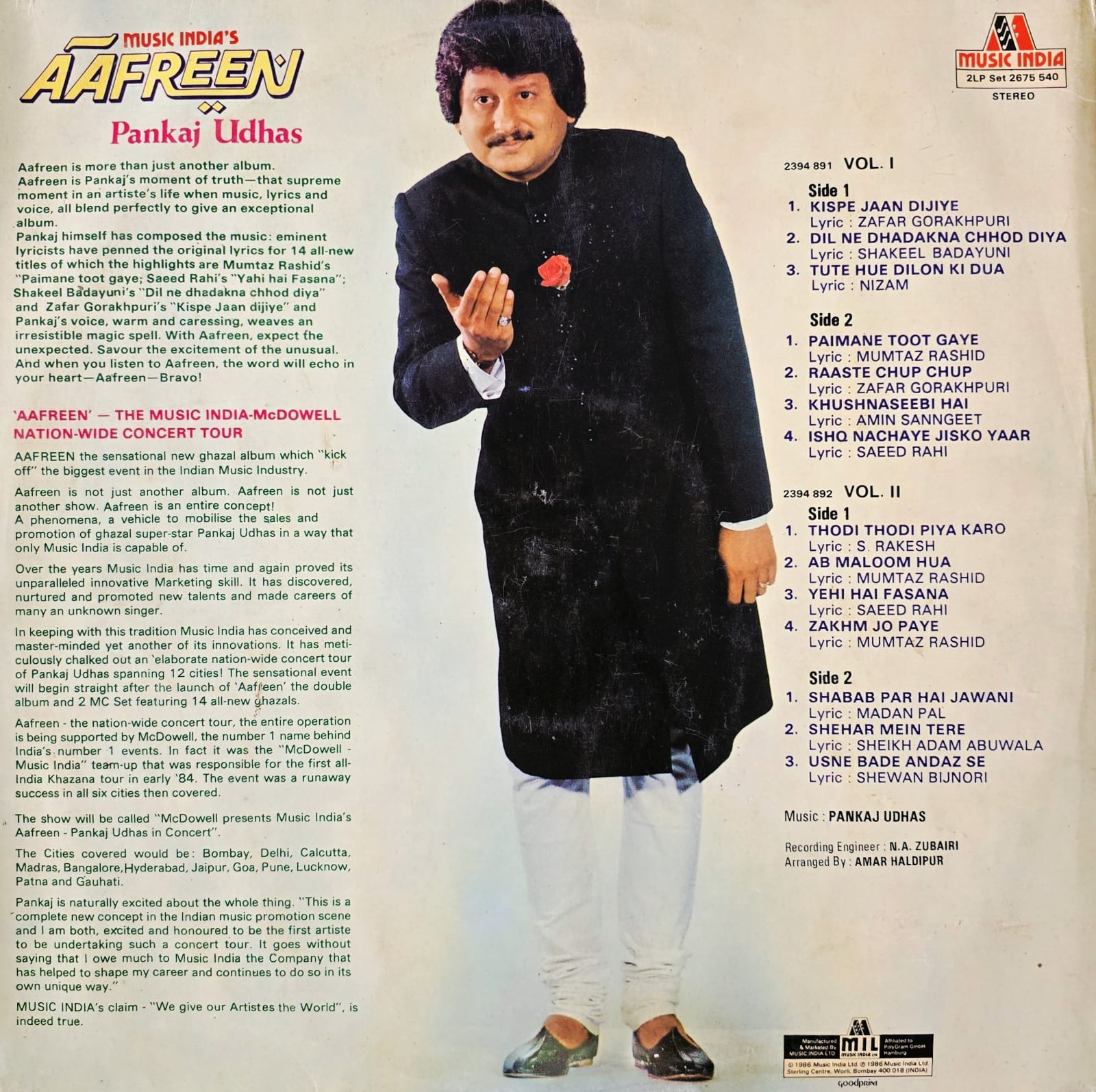 AAFREEN : PANKAJ UDHAS - LP RECORD ( MUSIC INDIA / 90-95% MINT ) 2LP SET 2675 540 - thumbnail 3