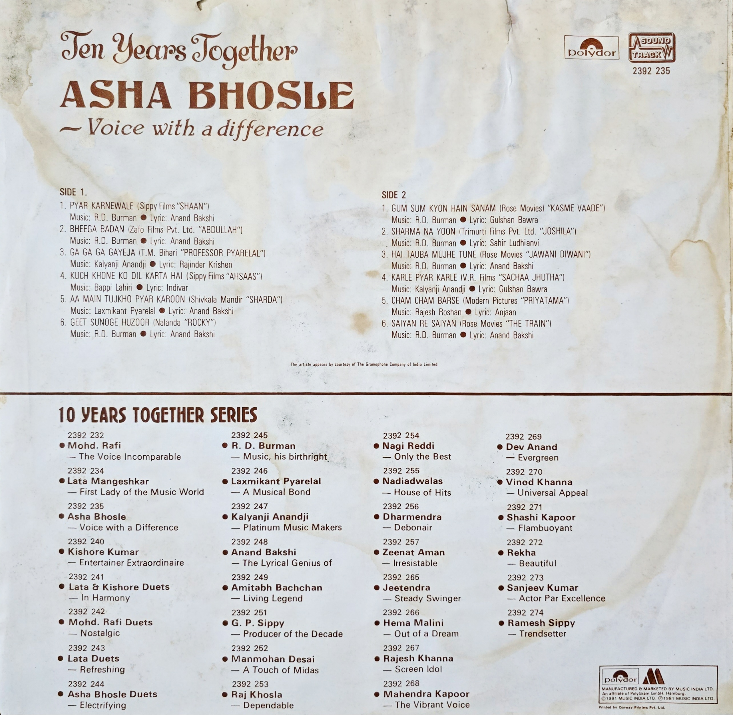 ASHA BHOSLE : VOICE WITH A DIFFERENCE - LP RECORD ( POLYDOR / NEAR MINT ) 2392 235 - thumbnail 2