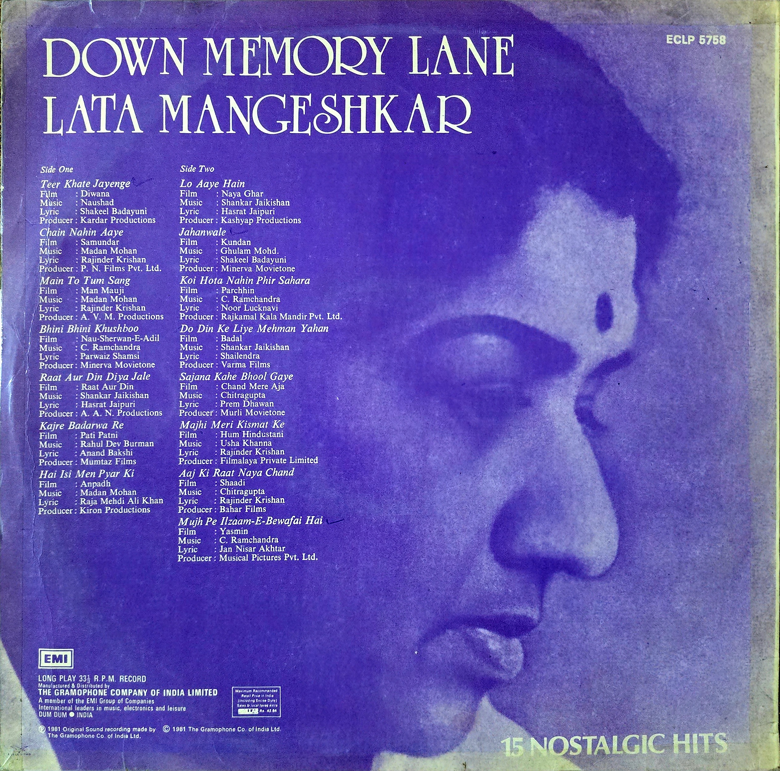 DOWN MEMORY LANE : LATA MANGESHKAR - LP RECORD ( HMV / 95% ) ECLP 5758 - thumbnail 2