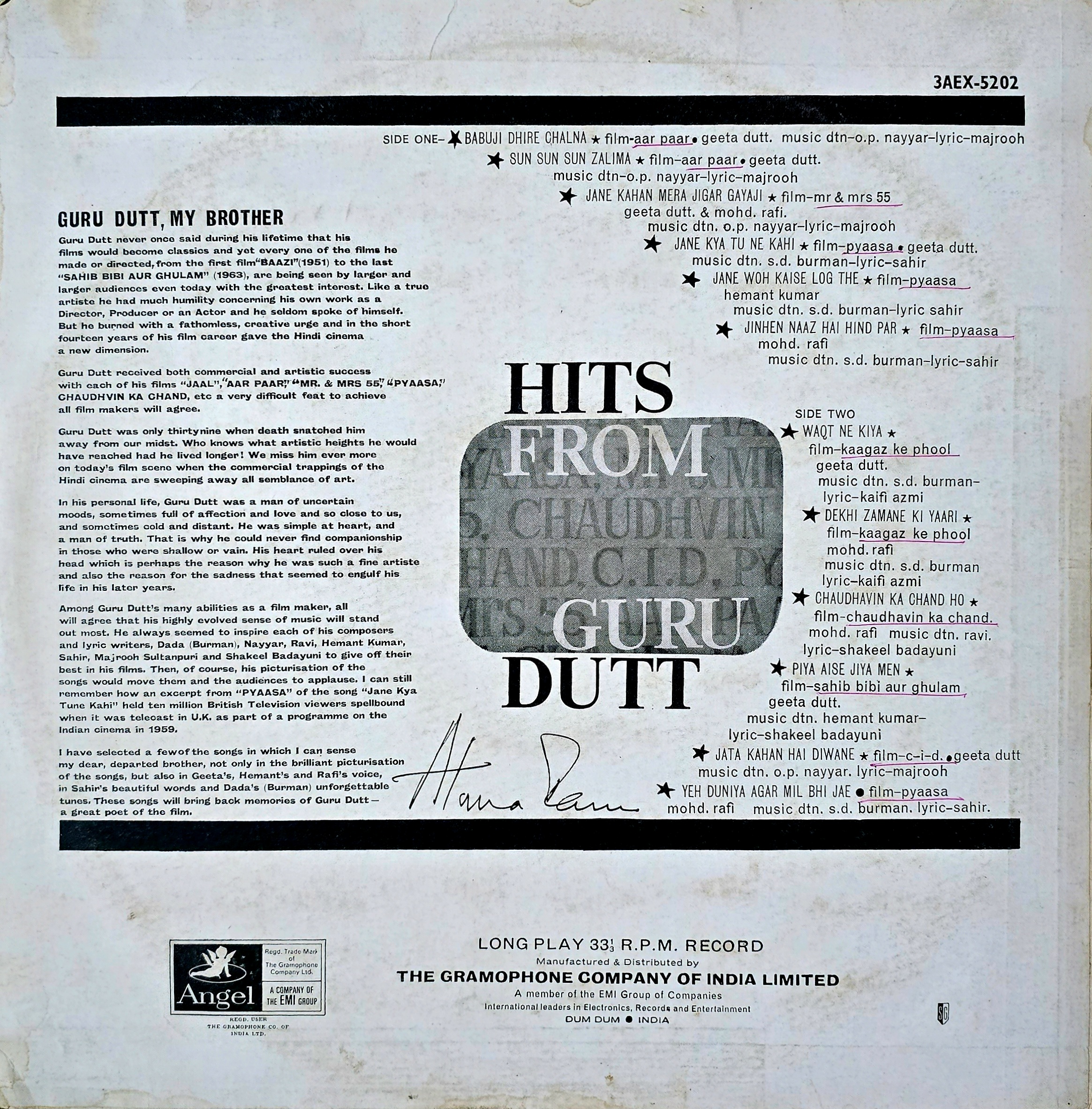 HITS FROM GURU DUTT - LP RECORD ( ODEON / MINT ) 3AEX 5202 - thumbnail 2