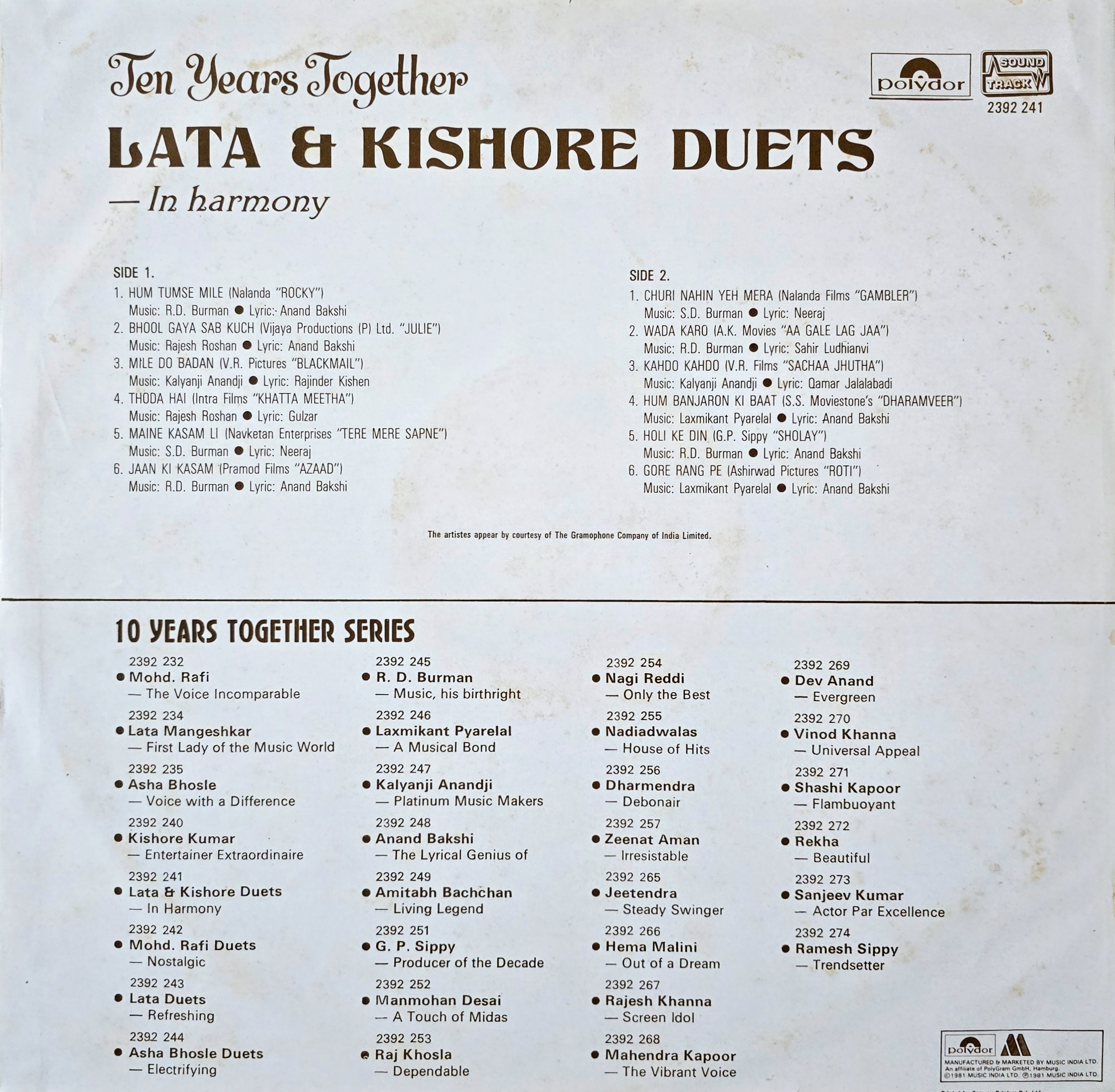 LATA AND KISHORE DUETS : IN HARMONY - LP RECORD ( POLYDOR / 95% ) 2392 241 - thumbnail 2