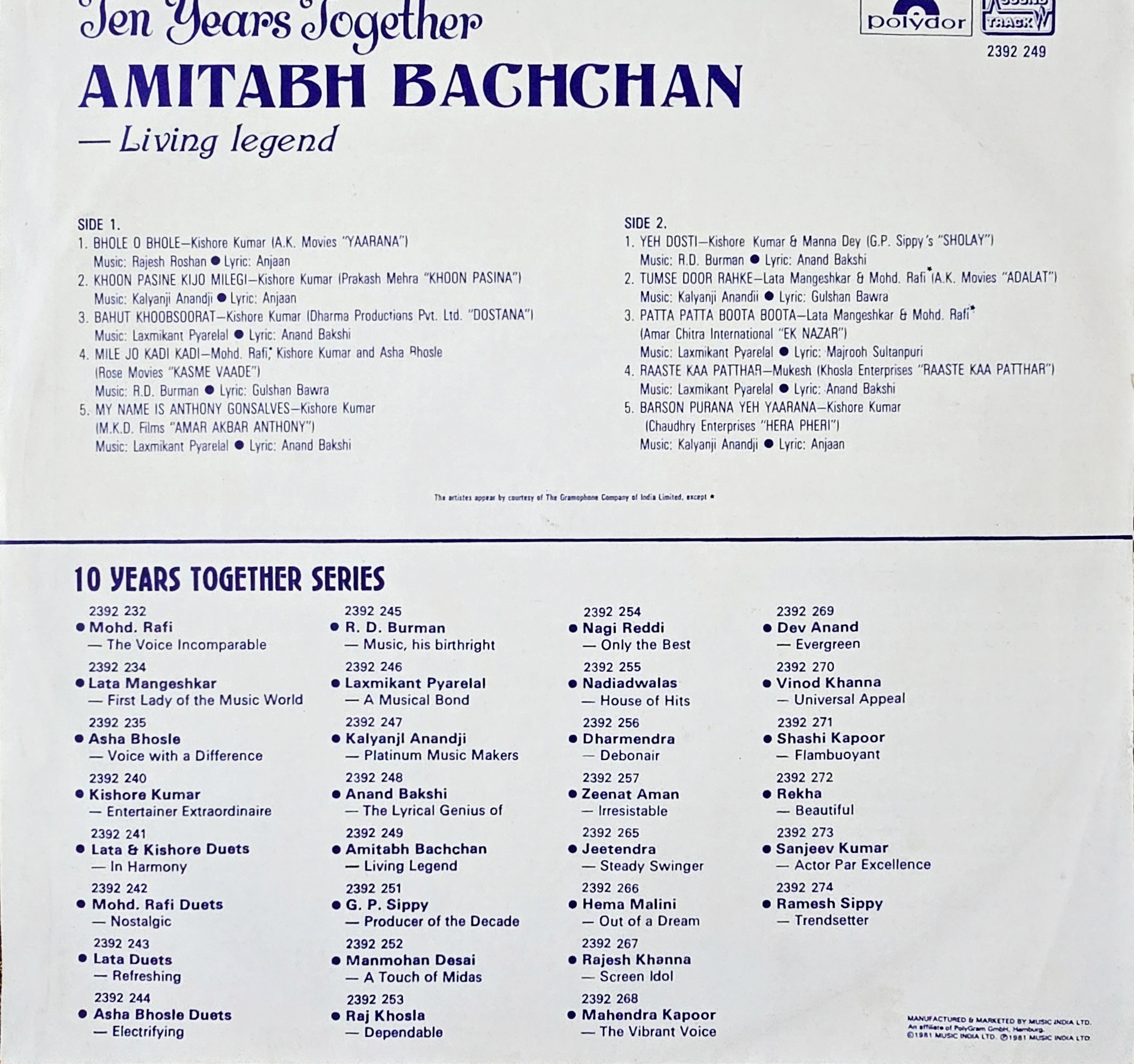 LIVING LEGEND : AMITABH BACHCHAN - LP RECORD ( POLYDOR / MINT ) 2392 249 - thumbnail 2