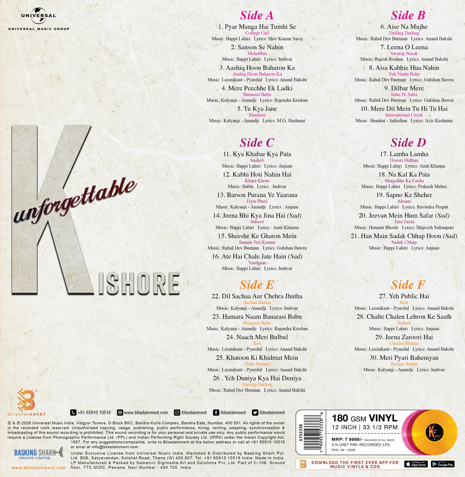 UNFORGETTABLE KISHORE KUMAR : LIMITED 3 LP EDITION - VINYL RECORD ( PRE BOOK ) - thumbnail 7