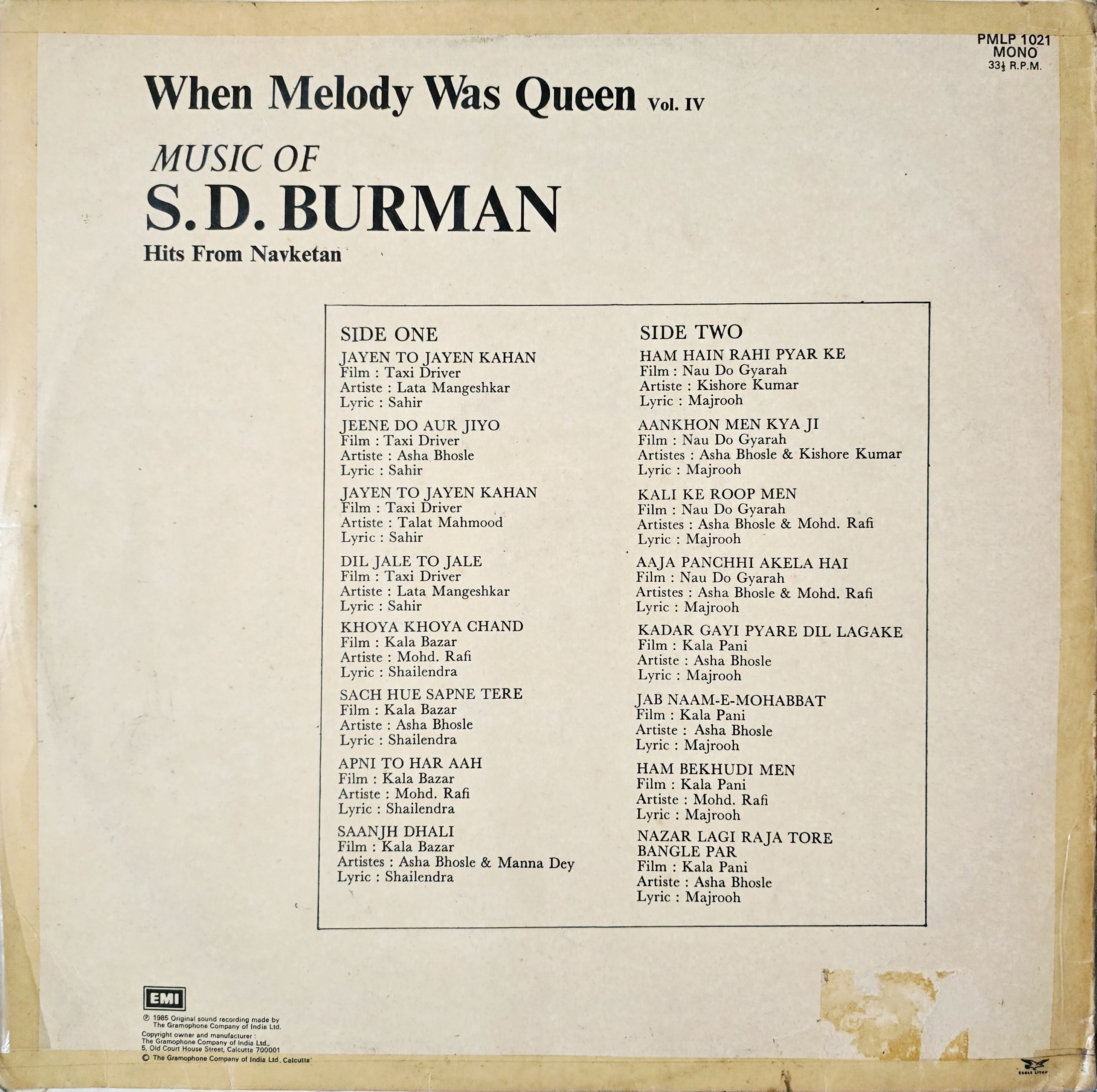 WHEN MELODY WAS QUEEN VOL : IV S.D. BURMAN - LP RECORD ( HMV / MINT ) PMPL 1021 - thumbnail 2